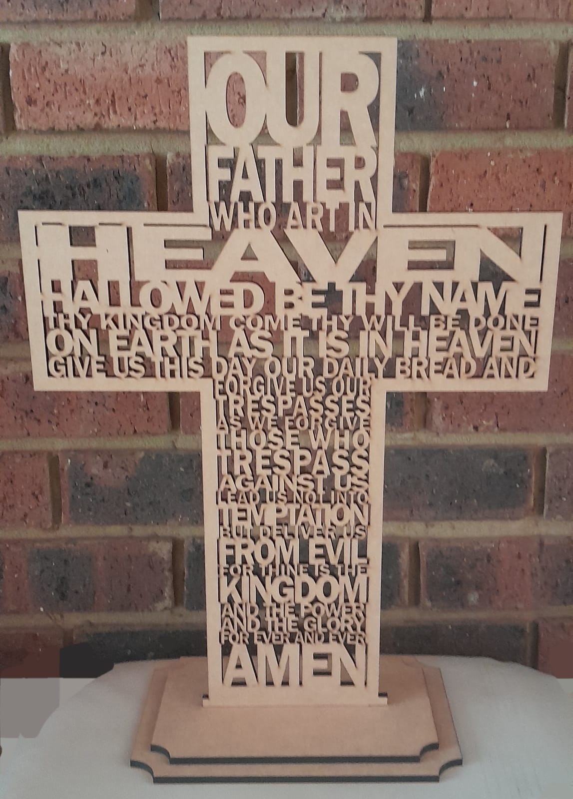 Wooden cross 500mm high on stand - OUR FATHER (afrikaans version availible)