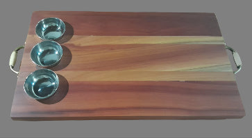 Tray snack 500x300x25 kiaat with handles and bowls